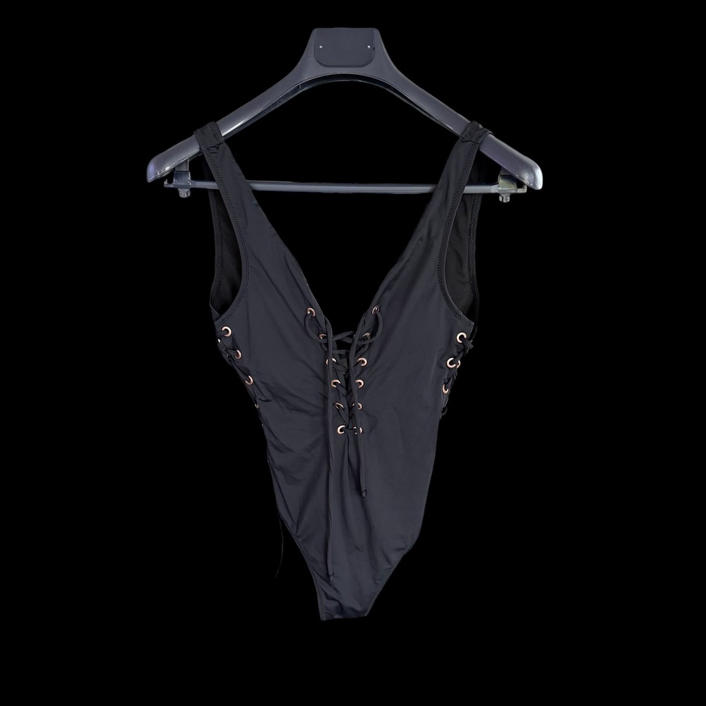 Forplay Black Lace Up One Piece Swimsuit Rose Gold Grommets Bodysuit Medium